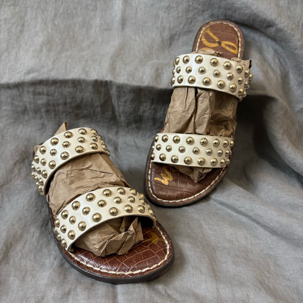 Beige Studded Double-Strap Sandals with Flat Sole